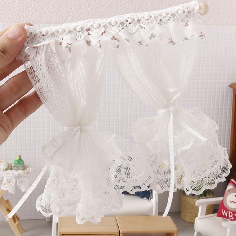 62KD 1:12 Dollhouses Miniature Lace Window Curtain Home Door Curtains Bedroom Furniture Decoration Toy Scene Decoration