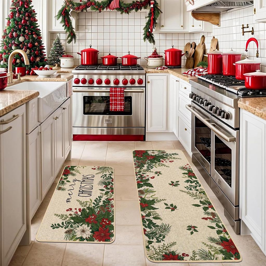 2pcs Christmas Atmosphere Floor Mat Non-slip Stain-resistant Bathroom Mat Kitchen Rug for Holiday Home Decoration