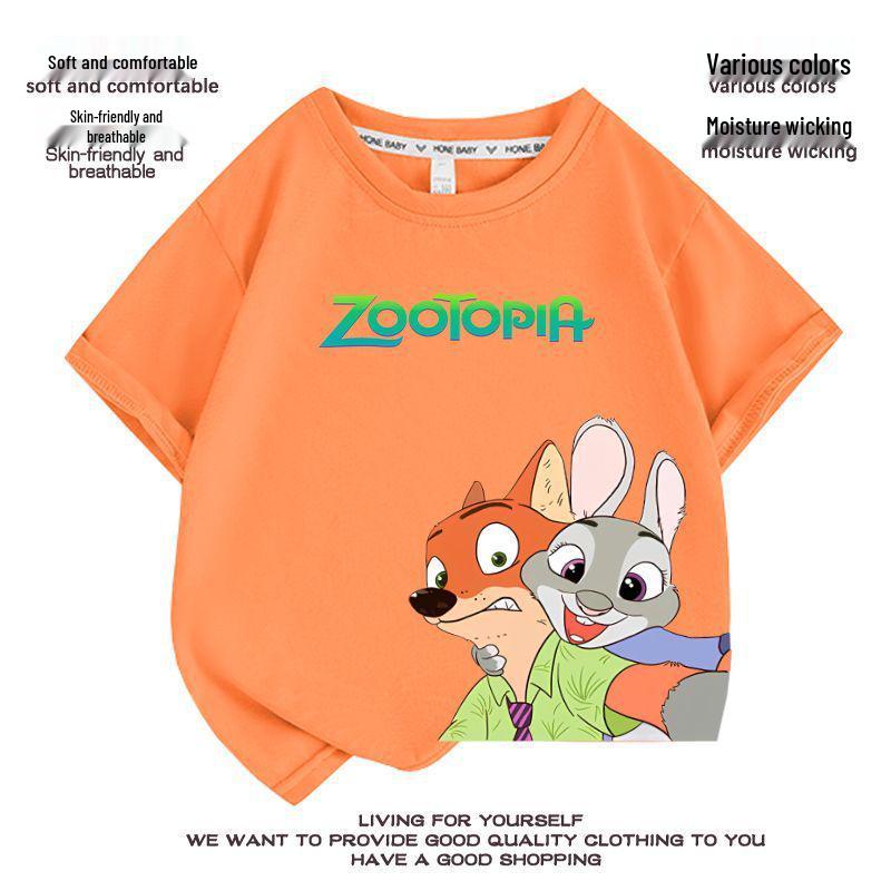 Kids' Zootopia Cartoon T-Shirt - Short Sleeve, Pure Cotton, Stylish Summer Top for Boys and Girls