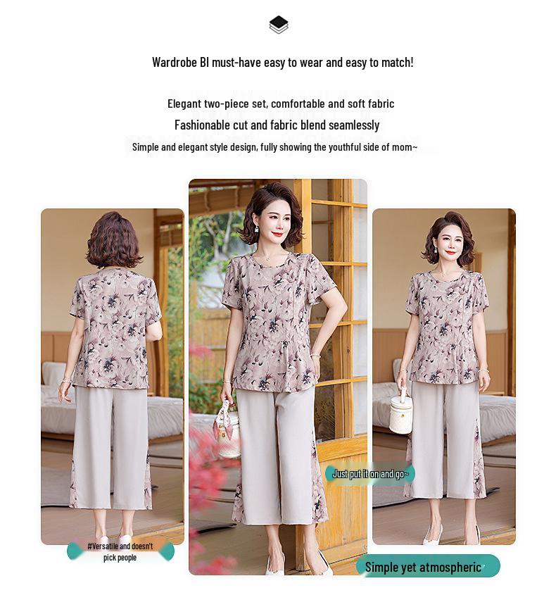 2025 Summer Chinese Style Top & Chiffon Short Sleeve Two-Piece Set for Middle-Aged Women