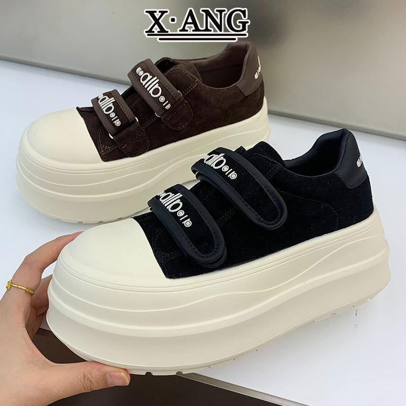 Thick-soled height-increasing small women's shoes leather Velcro board shoes new autumn casual sports shoes little white shoes