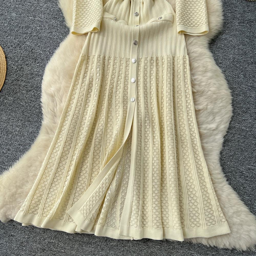 Autumn Winter Women Elegant SP Hollow Out Knitted Sweater Long Midi Christmas Party Split Dresses