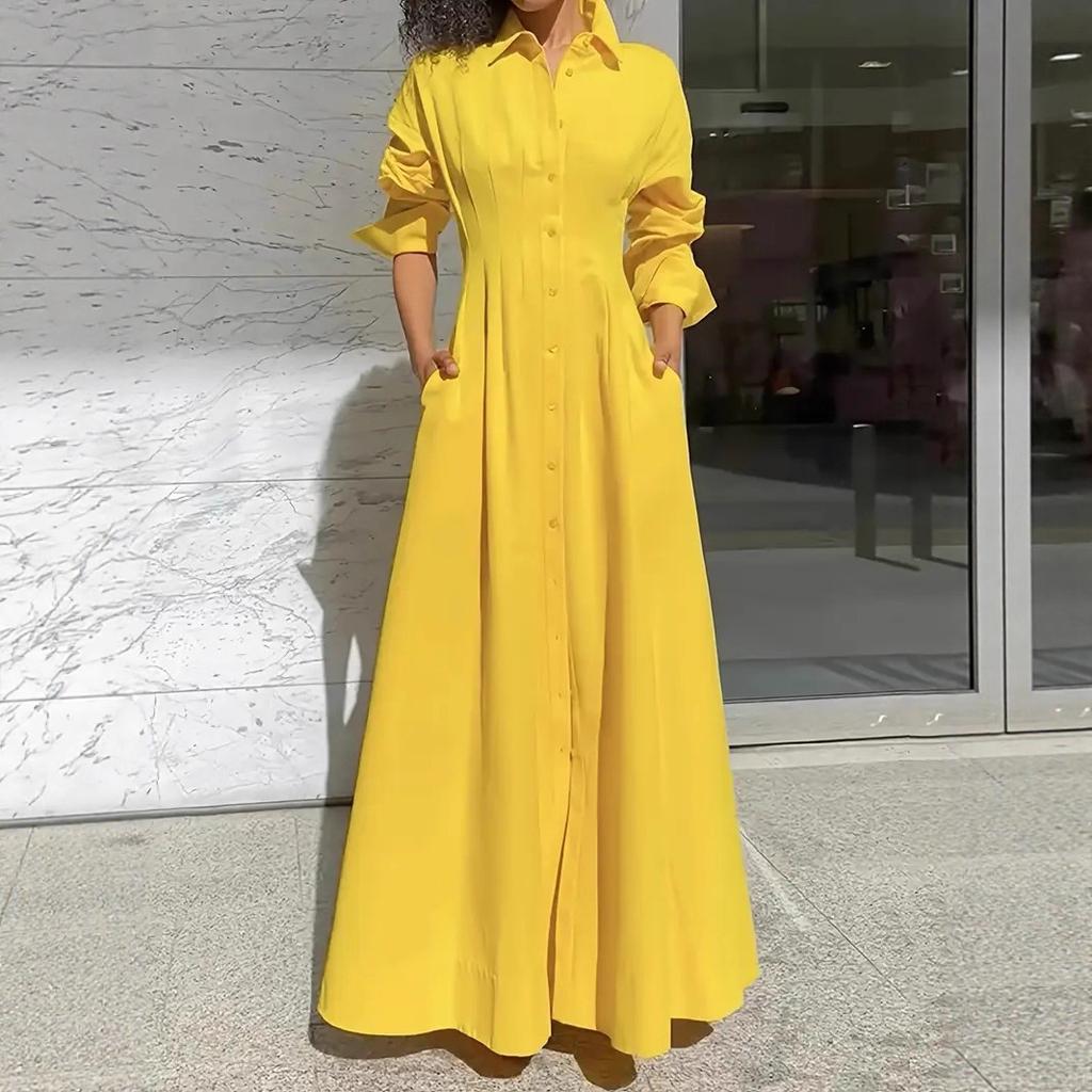 25 European and American women's clothing elegant temperament loose casual single-breasted slit shirt skirt dress long skirt