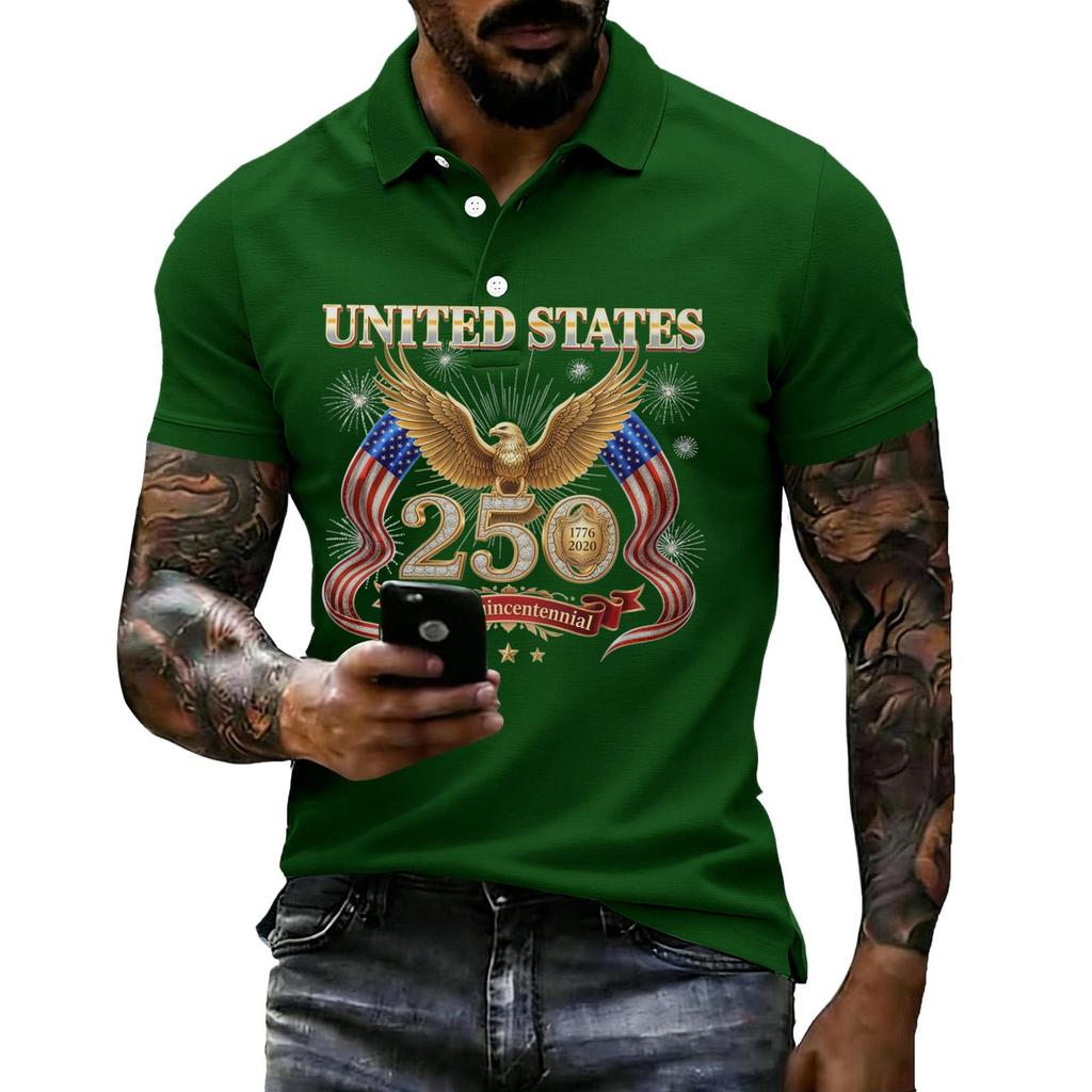 Men's Casual Polo Shirt Short Sleeve Flag Print Lightweight Breathable Comfortable Summer Top with Button Collar