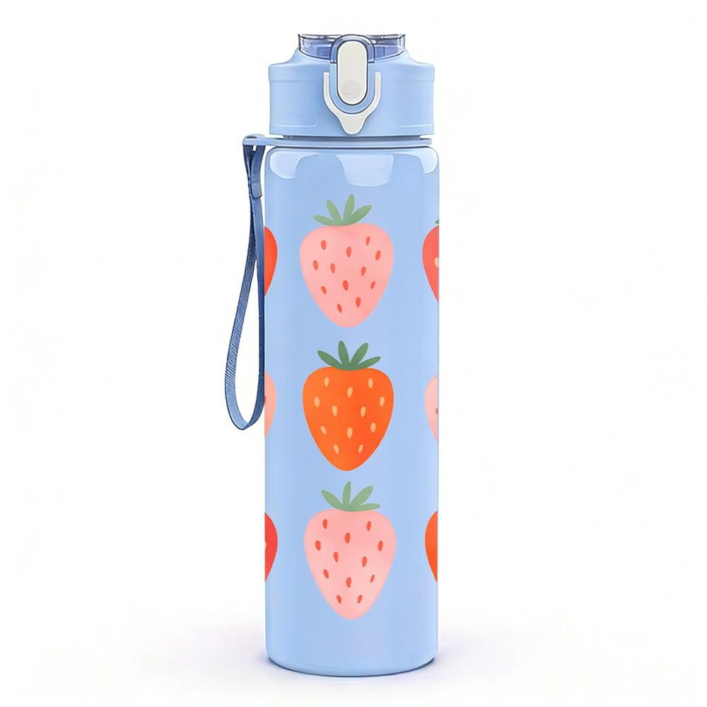 1PC Fresh Red Strawberry Fruit Cluster Print 750ml Color Plastic Sports Water Bottle Leakproof Flip Straw Lid Suitable for Sports Office Home Use