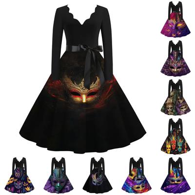 Women's Casual Fashion V-Neck Long Sleeve Carnival Print Vintage  Dress
