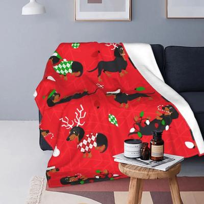 Christmas Dachshunds Red Blankets Flannel Spring/Autumn Dog Portable Ultra-Soft Throw Blanket for Bedding Bedroom Bedspread