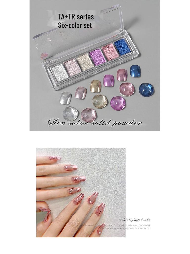 Solid Magic Mirror Powder: 6-Color Nail Salon Bright Eyeshadow Palette - Mermaid Fairy Aurora Outlining Powder