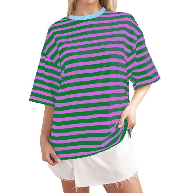 Casual Striped Round Neck Short Sleeve T-Shirt Women Men Comfortable Milk Silk Blend Loose Fit Home Wear