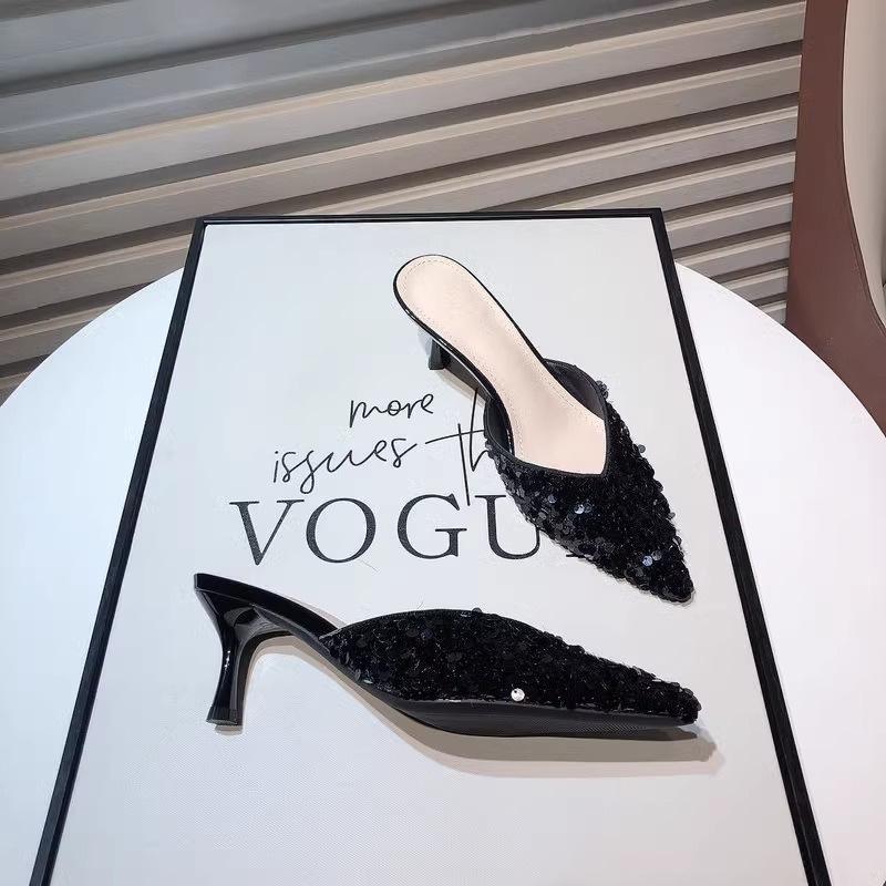 

Тапочки Baotou женские новые модели лета 2025 года босоножки с острыми стразами на тонком каблуке высокие каблуки ленивые полутапочки 34 чёрный