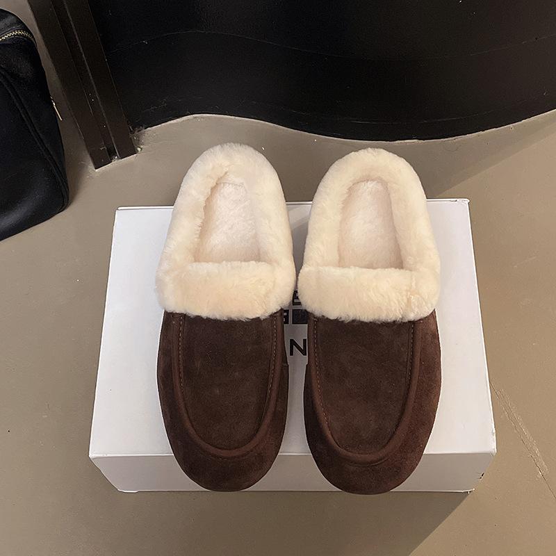 Mao Mao shoes women's autumn and winter outer wear bag head half slippers 2025 new flat-bottomed velvet bean shoes warm cotton slippers
