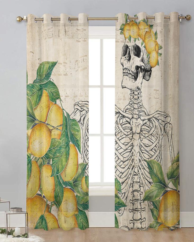 Skull Fruit Lemon Retro Sheer Curtains for Living Room Decoration Window Curtains for Kitchen Tulle Voile Organza Curtains