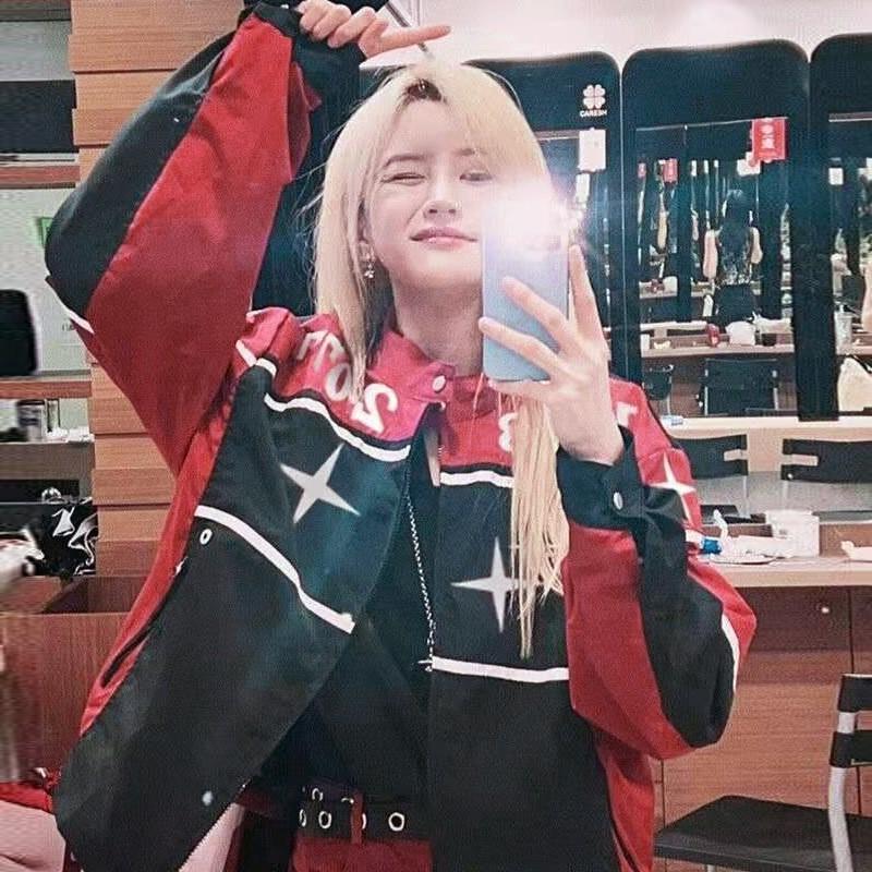 Vintage Motorcycle Baseball Jacket Women Loose Fit Geometric Print Cotton Blend Streetwear Chic Outerwear