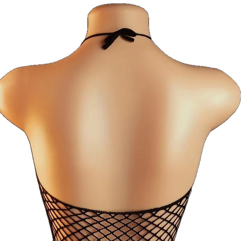 Lingerie: Sheer Black Mesh Stockings with Open Crotch - Tempting and Sexy Design for Women