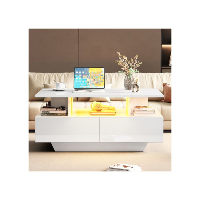 Măsuță de cafea - MUVOE - 90x55x41 cm - Iluminare LED - 2 sertare - Sarcină maximă. 30 kg