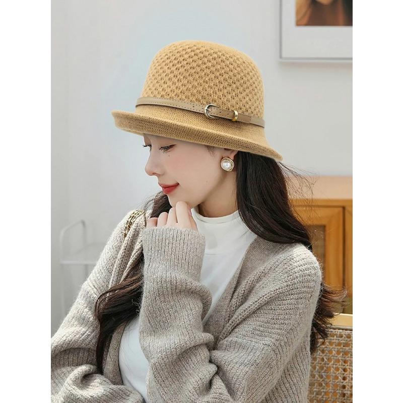 Autumn and winter basin hat wool hat bucket hat autumn and winter elegant and elegant temperament leather buckle new knitted versatile and elegant