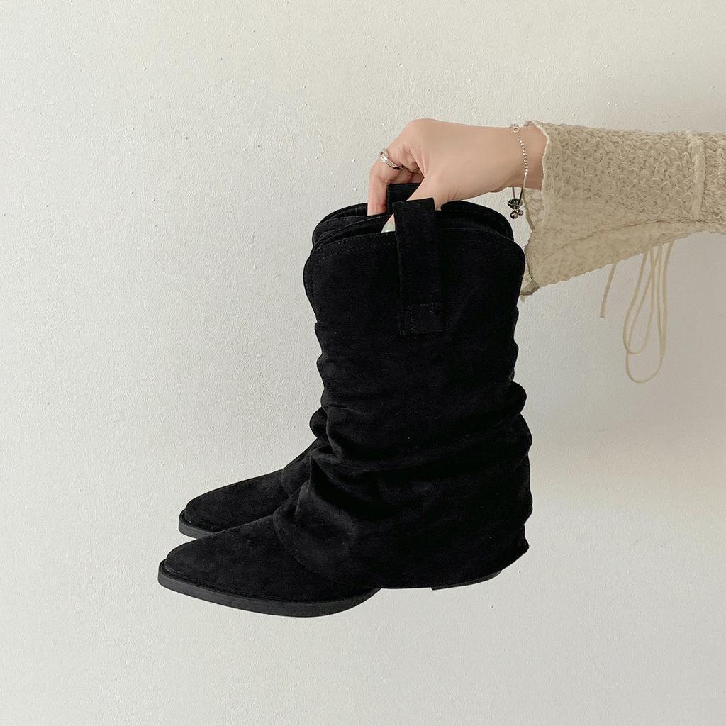 Fashion Vintage Pointed Toe Women Western Cowboy Boots Fashion Slip On Shoes Ladies Elegant Thick Heel Mordern Short Booties Autumn