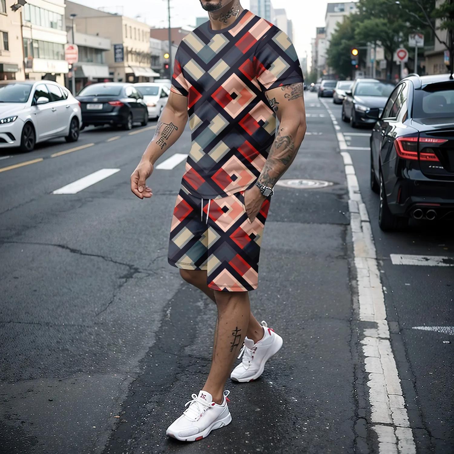 

Летний мужской комплект из двух предметов с 3D-клеткой в ​​стиле пэчворк, шорты с короткими рукавами, мужской новый и креативный модный комплект мужской одежды 6XL