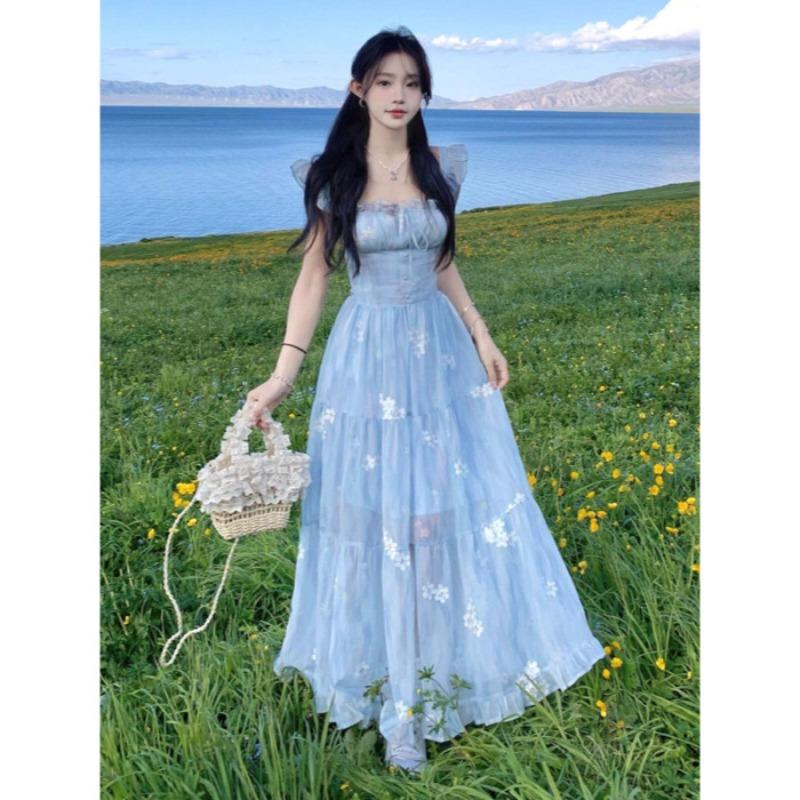 Gentle Blue Floral Small Flying Sleeve Dress Women's Summer Seaside Vacation Beautiful Backless Waist Temperament Long Dress
