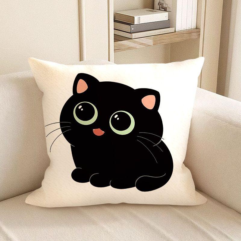 Cute Black Cat Cartoon Throw Pillow Cover - Minimalist Animal Home Decor
