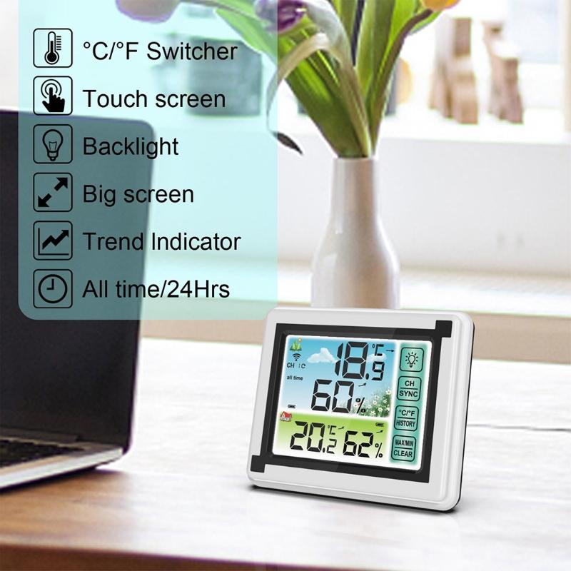 Portable Wireless for Touch Screen Weather Station Max Min Records ℃ ℉ Temperature Meter Humidity Monitor for Indoor Out
