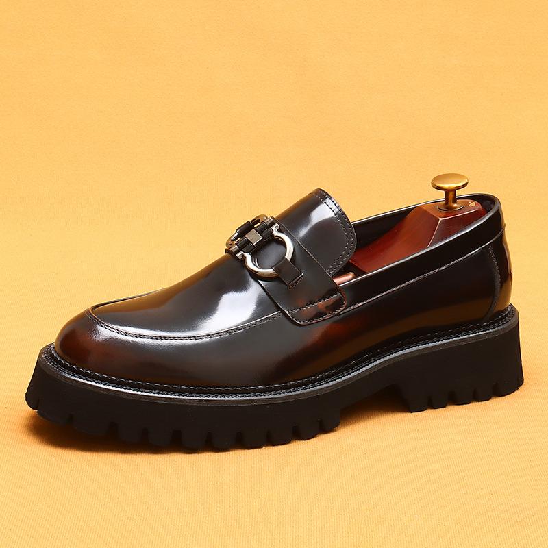 Casual Cowhide Leather Increased Height British Shoes Metal Horsebit Thick-Soled Genuine Leather Shoes for Men Business Formal