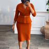 Elegant Office Lady Dresses V Neck Belt Waisted Package Hips OL Dress Plus Size Clothes