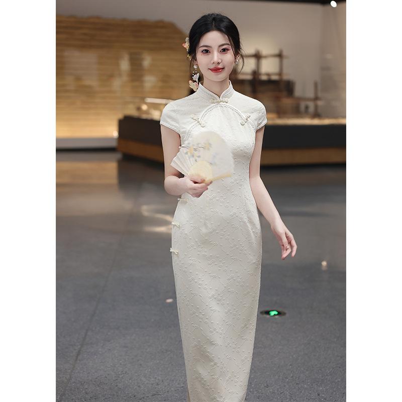 New Chinese-style White Cheongsam Women's 1011 New Ancient Stand-up Collar Lace Republic of China Style Temperament High-end Dress Summer
