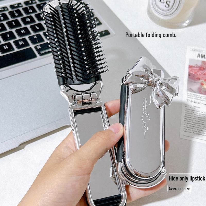 Milky White Portable Folding Comb with Air Cushion and Mirror for Hair Care Massage