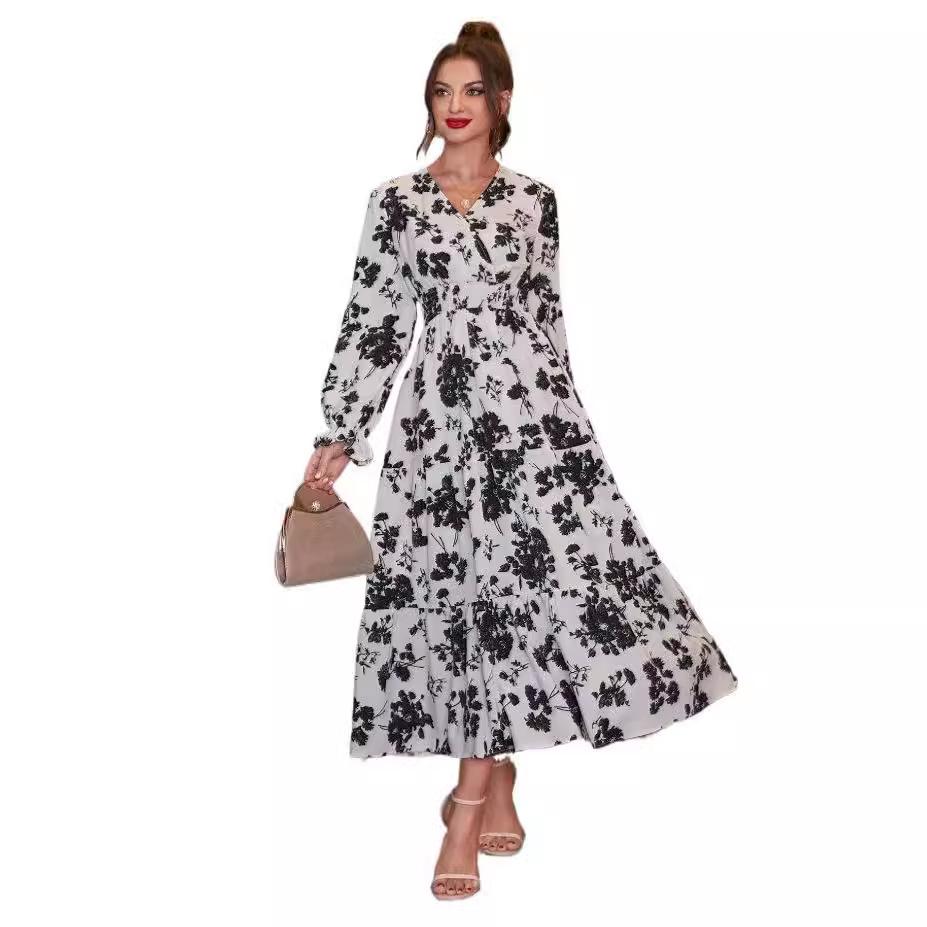 European and American Autumn Hot Sale Women's Clothing Printed Cake Long Dress Long Sleeve Fashion Dress