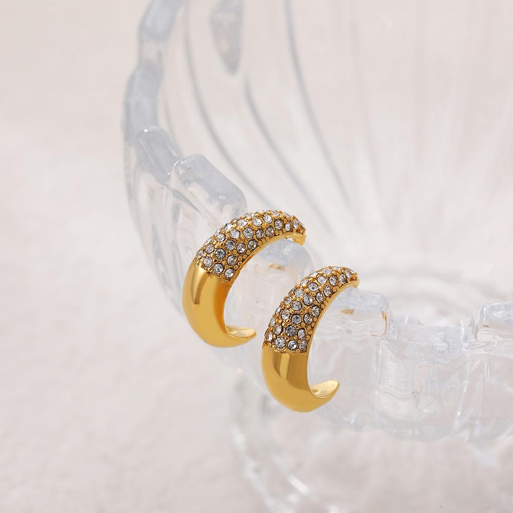 Sparkling Zircon C Shape Hoop Earrings for Women Stainless Steel Sleek Thick Ear Hoops Simple Daily New Jewelry Femal Party Gift