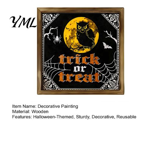 Rustic Pumpkin Castle Shelf Decorations Wooden Halloween Framed Decor Sign, Happy Trick or Treat Printed Picture Frame, Party Witch Owl Wall Tabletop
