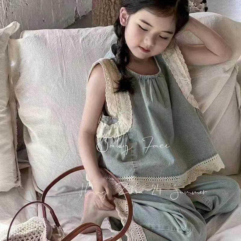 

Комплекты детской одежды, кружевной топ без рукавов + широкие брюки из денима, комплект из 2 предметов, одежда для детей от 3 до 15 лет 160 синий