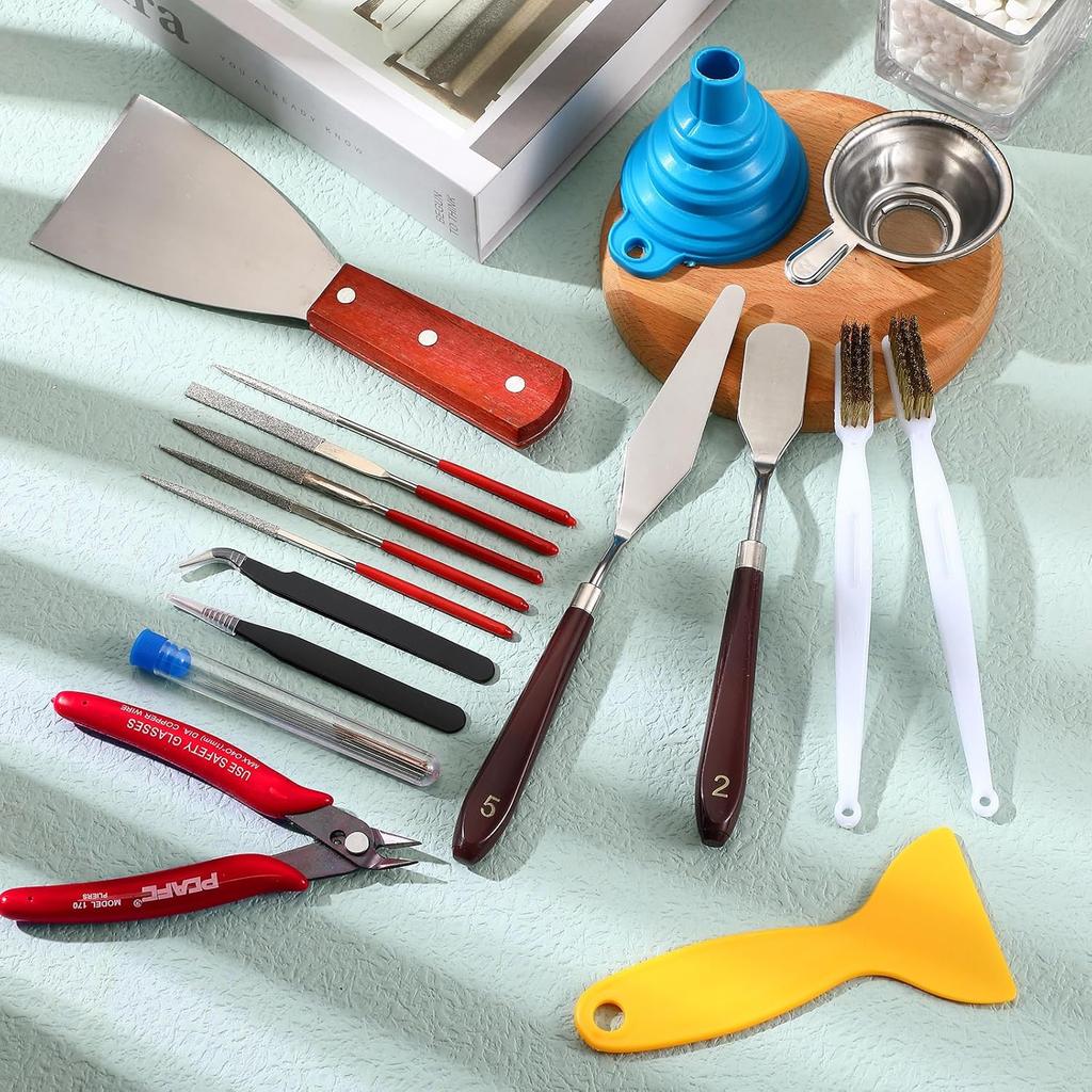 25 Pcs 3D Printer Tools Kit 3D Printing Accessories Include 2 Wire Brush 1 Putty 1 Plastic Shovel 5 Diamond Files 2 Tweezer 10 Needles 1 Plier 1