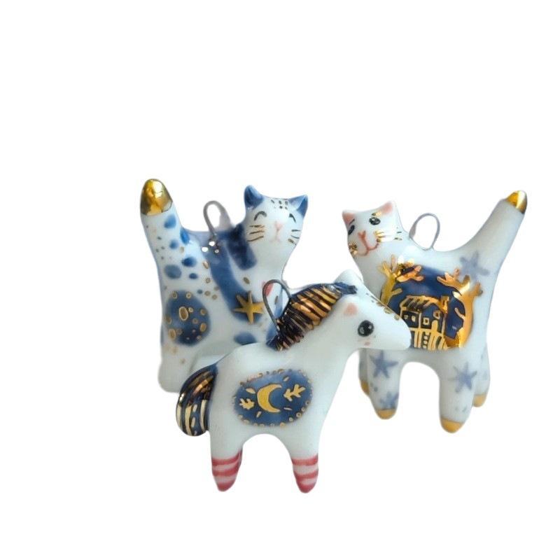 Cartoon Animal Ceramic Pendant Hand Painted Blue White Porcelain Charm Cute Cat Horse Bird Bead For Diy Necklace Jewelry Making