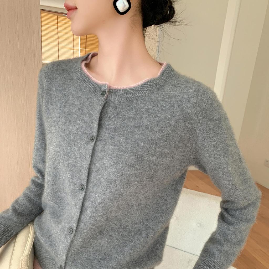 Color-Block Cashmere Cardigan: Women's Round Neck Loose Slimming Wool Knit Sweater for Autumn and Winter