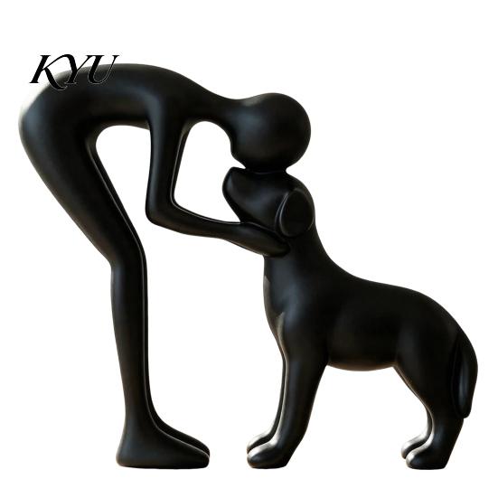Dekorative Regalstatue für Haustierverlust, Abstrakte Mensch-Hund Harzfigurine, Sandsteinstruktur Bindungsskulptur, Gedenk-Souvenirs, Elternhaus