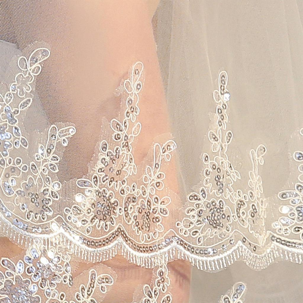 Women 2 Tier Lace Tulle Wedding Veil Exquisite Elegant Shiny Glitter Sequins Bridal Veil with Comb