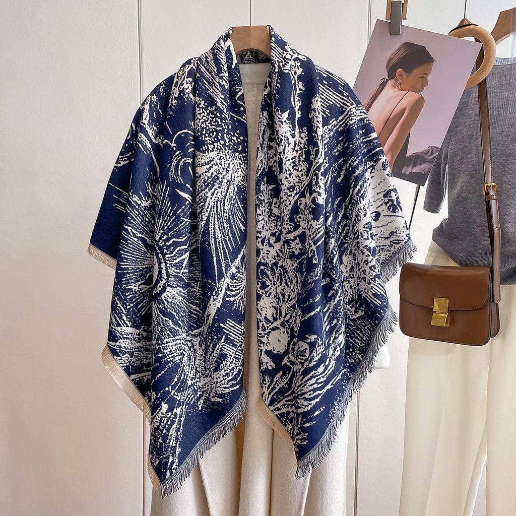 Korean Version Scarf Women'S Versatile Double-Sided Fringed Imitation Cashmere Shawl Fashion Flower Thickened Warm Scarf