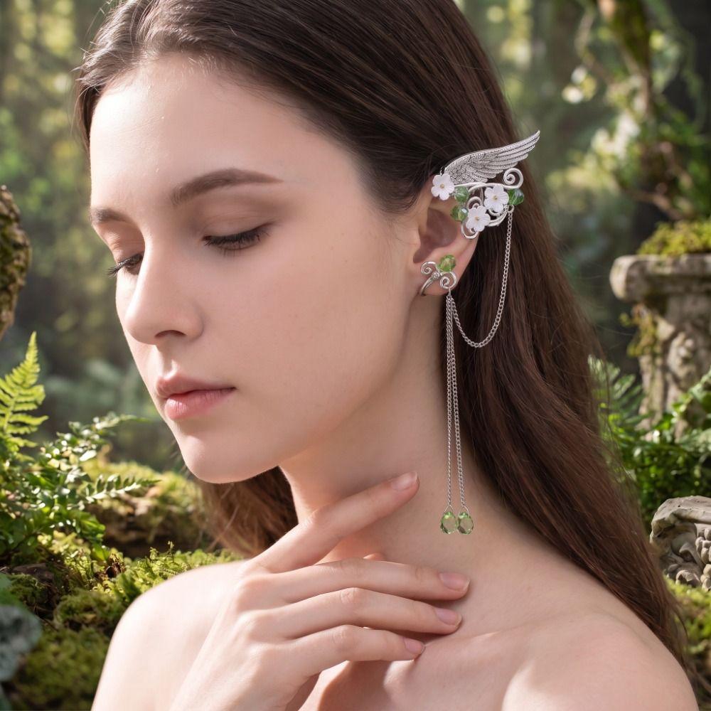 Left Ear Right Ear Zinc Zinc Alloy Elf Ear Clip Crystal Long Tassel Earrings Wings Ear Cuff Cosplay Jewelry