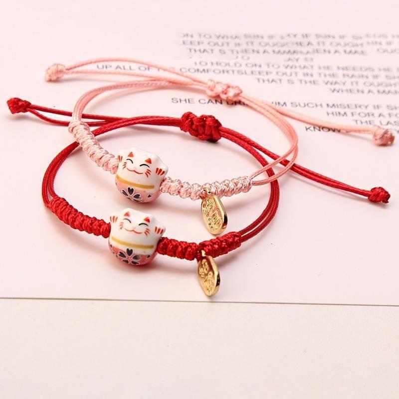 Hand Woven Wax Thread Ceramic Wealth Attracting Cat Bracelet, Cute Cat Adjustable Hand Rope Bracelet