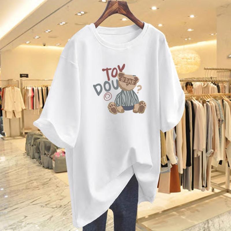 

Bear print apricot short-sleeved t-shirt women s summer 2025 new pure cotton loose foreign style t-shirt top tide S