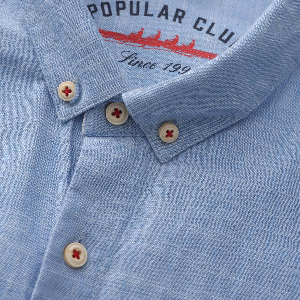 Cămașă Casual cu Mânecă Lungă Slim Fit pentru Bărbați - Amestec Respirabil și Moale de Bumbac și In pentru Primăvară/Vară, Guler cu Nasturi și Buzunar la Piept Stâng