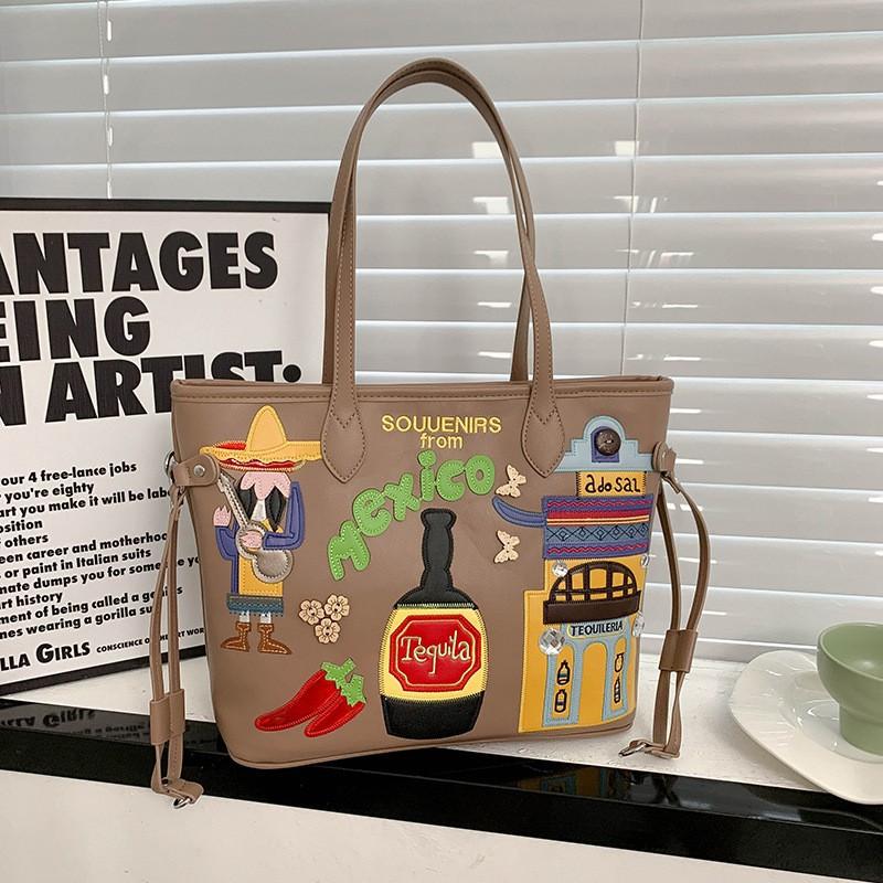 

Нишевая вышивка Граффити Одноплечевая сумка-тоут Мексиканский стиль Портативная Большая вместимость карманов Подмышечная для поездок хаки