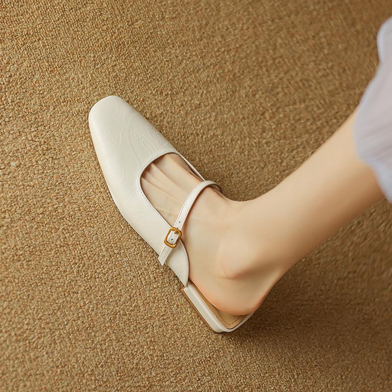Fashion 2025 Summer Women Mules Genuine Leather Women Shoes square Toe Chunky Heel Shoes Cover Toe Slingback Sandals Shallow Slippers