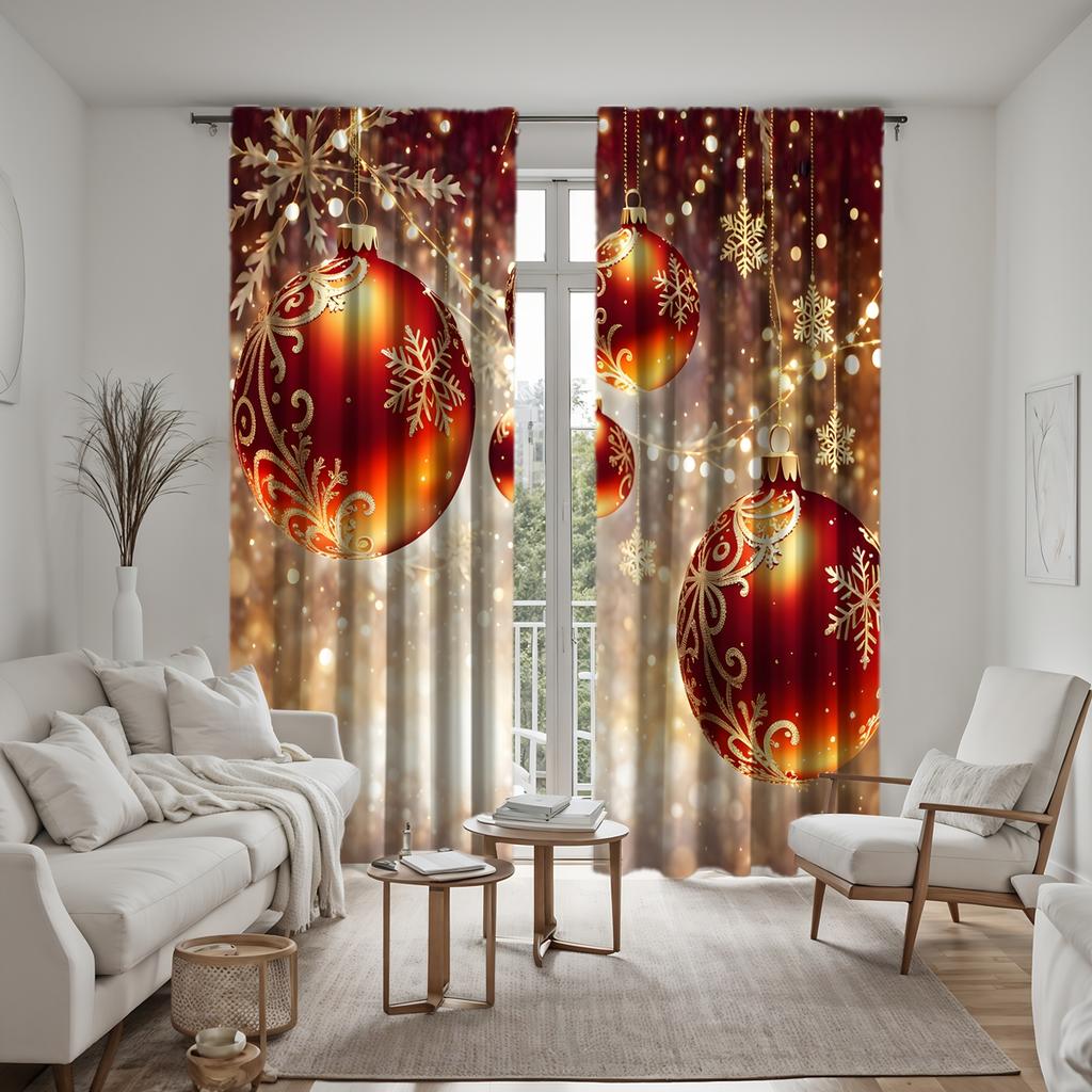 2pcs HD Christmas Snowflake Red Drop Ball Solid Decorative Curtain Yellow Tie Digital Printed Curtain Home Decoration Style D