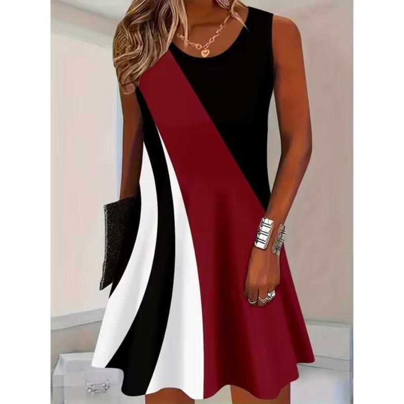 Abito da donna senza maniche con scollo rotondo e stampa a motivi geometrici, morbido, comodo e di taglia comoda