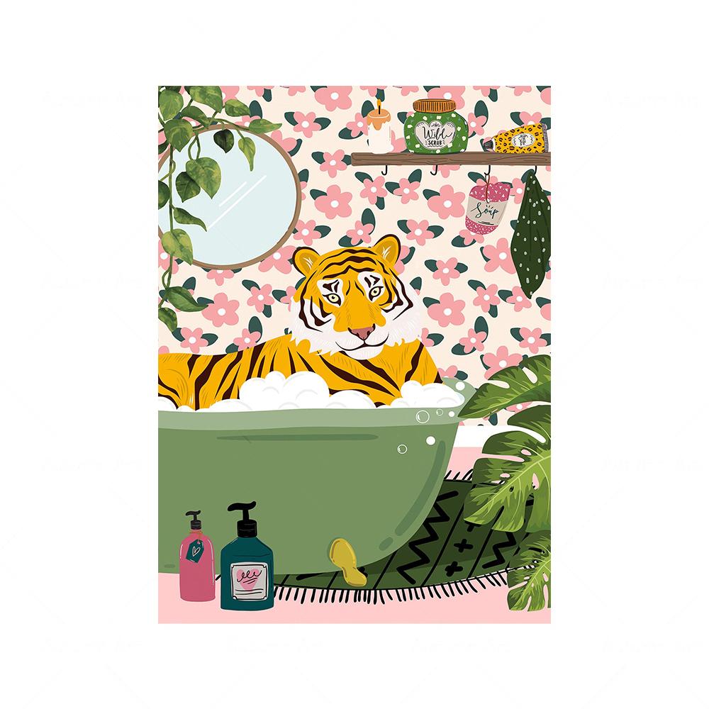 

Тигр в ванной Ботанический принт Плакат Тропические джунгли Настенная живопись Холст Картина Животное Чтение Газеты Сафари Туалет Декор 21x30cm No Framed