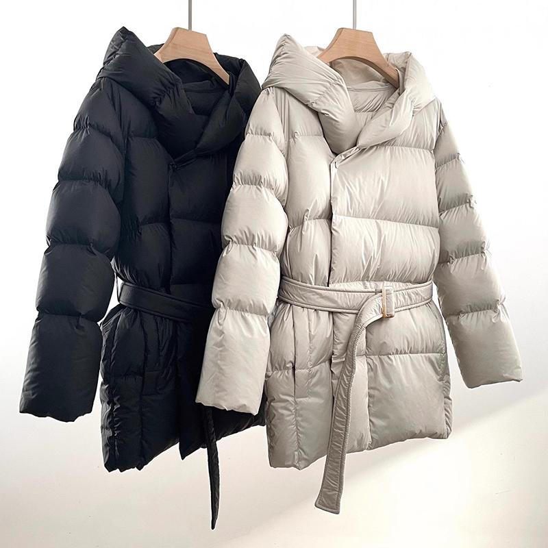 Winter Hooded Women's Down Jackets Warm Casual Lace Up Coat Puffer Jacket Belt Elegant Parka Overcoat