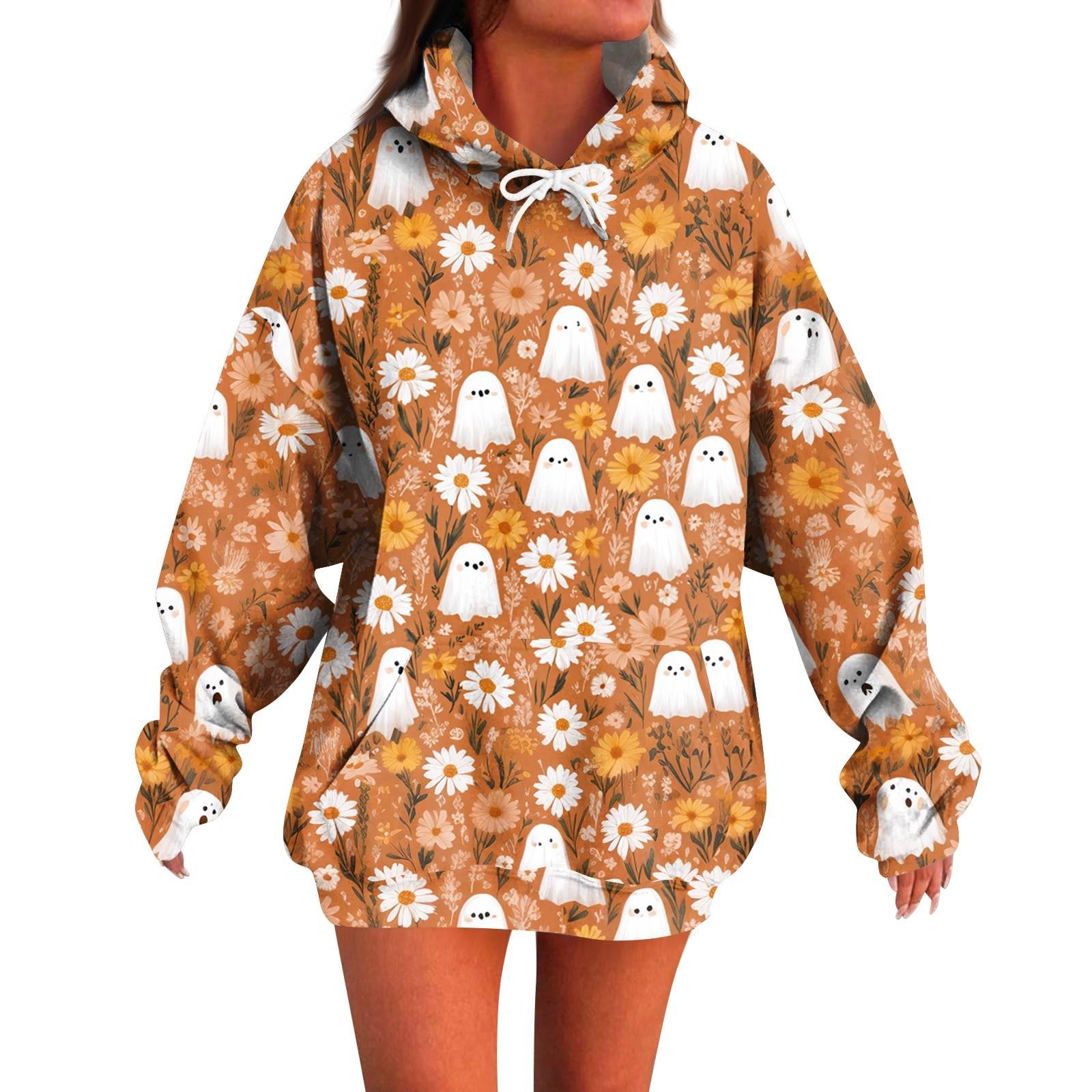 

Женское модное повседневное худи с длинным рукавом и принтом на Хэллоуин XL шафрановый